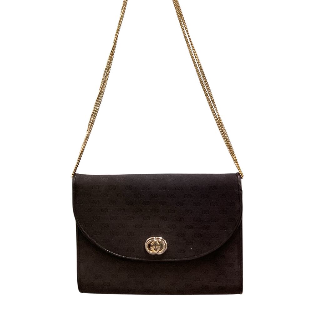 Vintage Gucci Purse Women’s One Size Canvas And Leather Trim Gold Chain Black